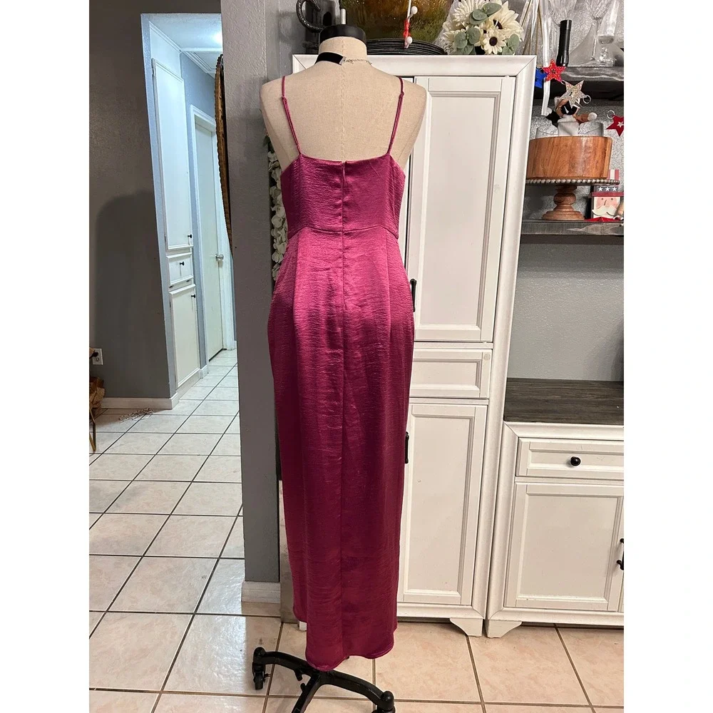 Magenta Pink Satin Wrap Front Maxi Dress Formal Party MEDIUM